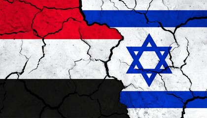 Yemen and Israel flags with cracked texture, symbolizing strained relations