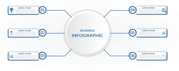 Marketing process visualization with white box diagram with icon | Business data timeline representation with 6 steps or option | Blue vector illustration for web, presentation, report