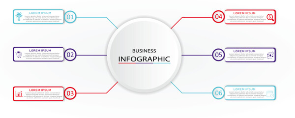 Marketing process visualization with white box diagram with icon | Business data timeline representation with 6 steps or option | Modern vector illustration for web, presentation, report