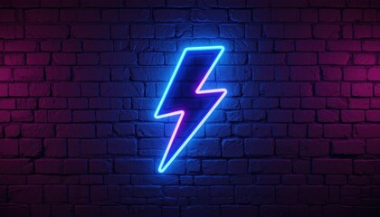 Neon Lightning Bolt on Brick Wall: Vibrant Energy and Power