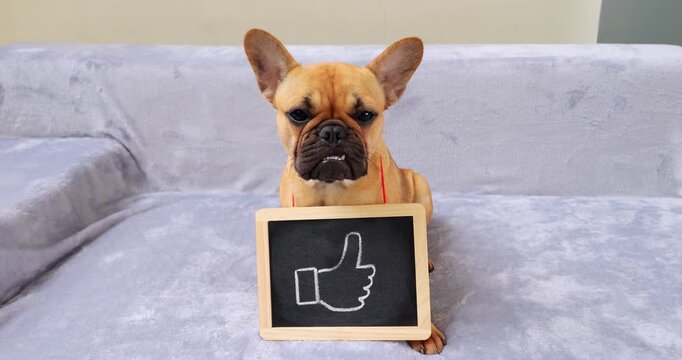 Tiny French Bulldog puppy sits with pleading look, holding blackboard with chalk-drawn thumbs-up sign. This comical scene illustrates blogger's typical request for likes on social media.