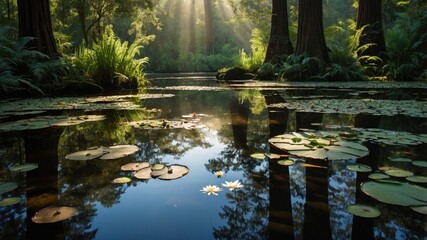 Serene forest landscape with sunlight filtering through trees, reflecting on a tranquil pond