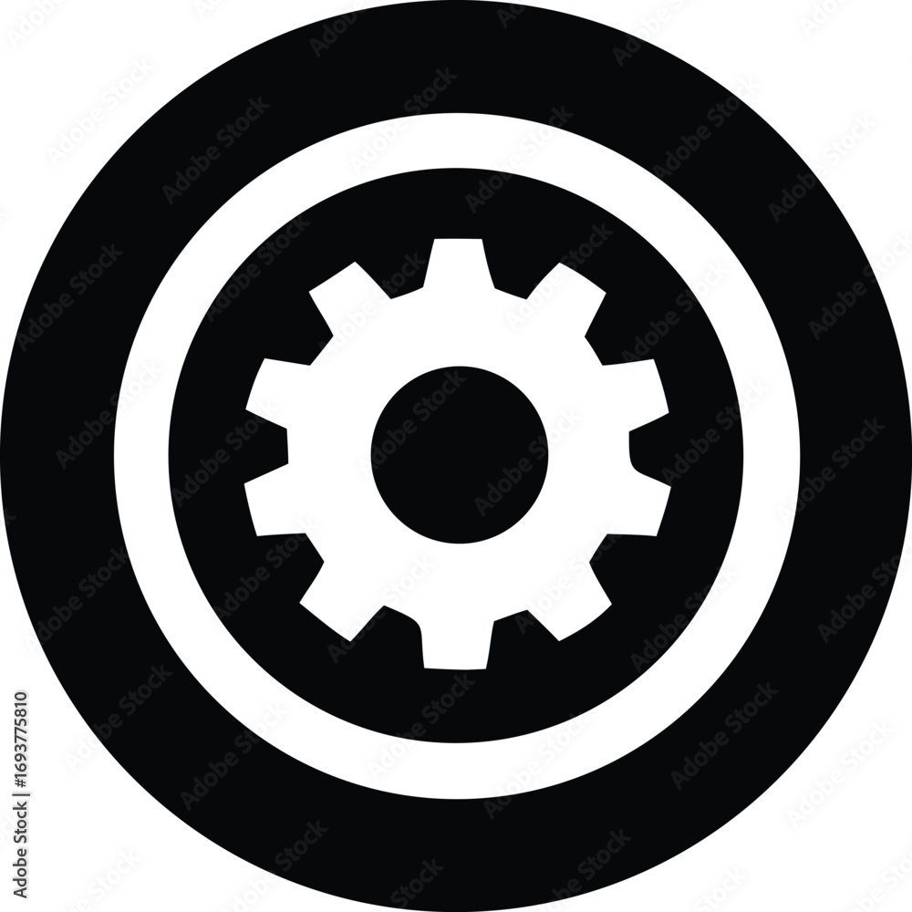 Poster iconographic representation of mechanical cogwheel within concentric circles symbolizing industry in