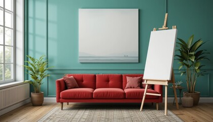 Red Sofa, Teal Walls, and Artistic Easel in a Modern Living Room