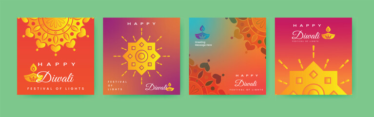 Happy Diwali Poster. Vector Illustration of Diwali greeting cards in trendy gradient style with Diya and mandala. Perfect for banner, card, branding, card, poster, and flyer