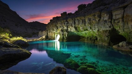 Serene waterfall cascading into a tranquil pool surrounded by rocky cliffs at sunset
