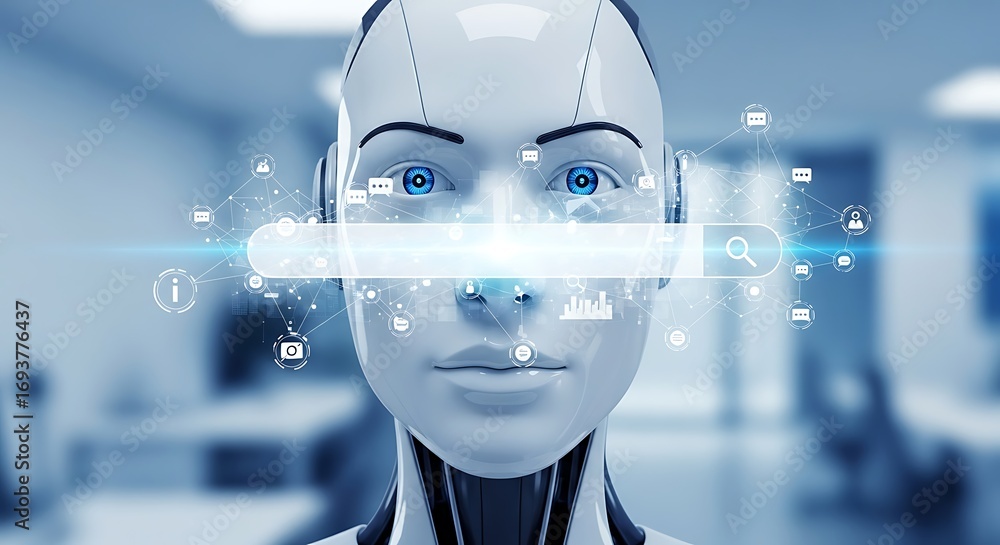Poster close-up of an advanced ai robot face with glowing blue eyes and digital data overlay
