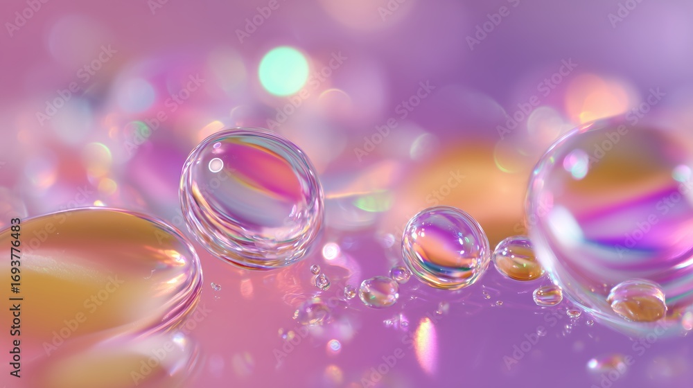 Poster colorful water droplets create a vibrant display on a surface with soft pastel background