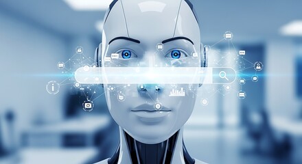 Close-up of an advanced ai robot face with glowing blue eyes and digital data overlay