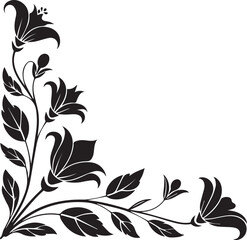Black floral corner ornament with leaves and flowers
