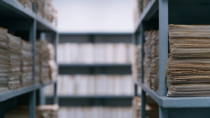 Archive room shelves with information records document storage paper files organized vintage office history research quiet atmosphere