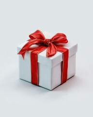 White Gift Box with Red Ribbon and Bow, Isolated.