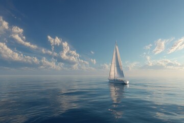 Obraz premium White Sailboat Gliding on Calm Blue Ocean Under Serene Sky with Clouds