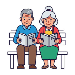 Happy senior couple reading books on park bench, cartoon style.