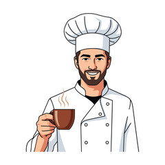 Smiling Chef in White Uniform Enjoying a Warm Beverage