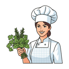 Smiling Female Chef Holding Fresh Herbs, Cartoon Style Illustration