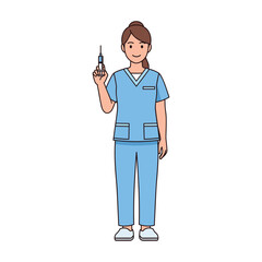 Smiling Female Nurse in Scrubs Holding Syringe, Cartoon Style