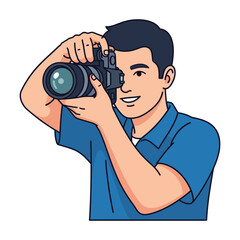 Smiling Male Photographer Using DSLR Camera, Cartoon Style Illustration