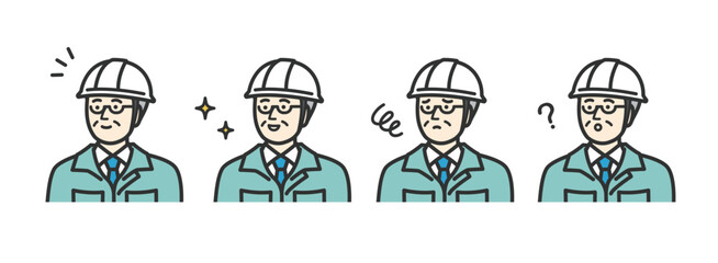 ミドル　シニア　メガネをかけた男性作業員の表情のアイコンイラスト素材
