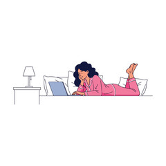Woman in pajamas working on laptop in bed, minimalist line art style.