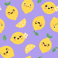 Funny lemons on a purple background seamless pattern. Vector graphics