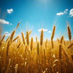 Fototapeta premium Golden wheat field under a bright blue sky with scattered clouds