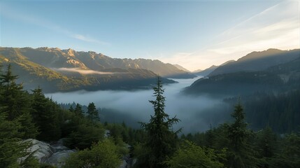 Golden hour light illuminates the fog-filled valley and majestic mountain peaks in a serene wilderness landscape