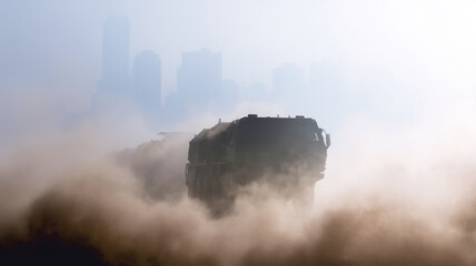Fototapeta premium Military vehicle urban warfare convoy dust city silhouette fog dramatic transport defense. Military vehicle convoy advances through dusty urban