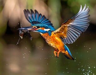 Kingfisher in flight with fish