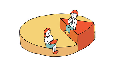 円グラフの上に座って、それぞれの割合について考える二人のイラスト