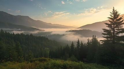 Tranquil morning sunrise over a foggy mountain valley, with warm light filtering through the dense evergreen forest landscape