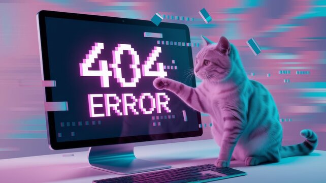 404 Error on Computer with cat, Cyberpunk Style