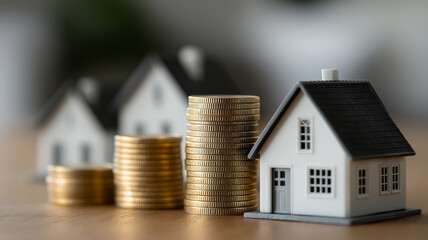 Symbolic financial concept with stacked miniature houses topped by golden coins, creative studio scene representing property investment, mortgage finance, and long-term real estate wealth accumulation