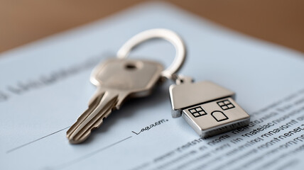 Symbolic real estate financial concept with metallic house keys and home-shaped keychain placed on official mortgage loan contract, professional blue gradient background with copy space for branding