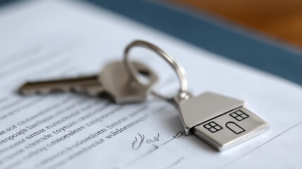 Realistic mortgage finance illustration showing metallic house keys resting on signed property agreement forms, minimal blue background designed for advertising, investment security, and housing marke