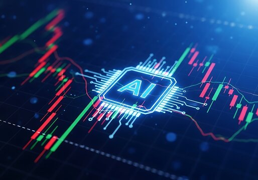 Ai chip with glowing circuits intertwined with financial stock market data charts