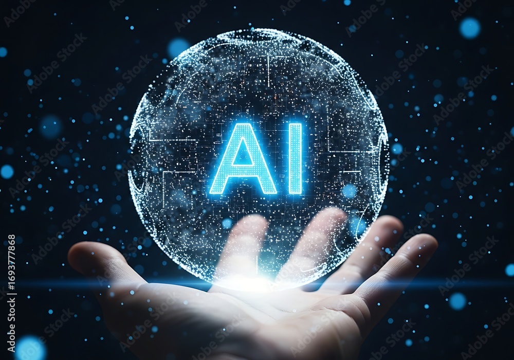 Poster human hand presenting a glowing digital globe with ai text emerging symbolizing artificial intellige