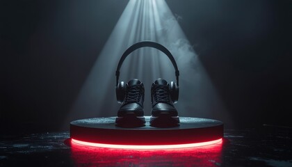 Dramatic shot of black headphones on a glowing red pedestal under a single spotlight against a dark, smoky background.