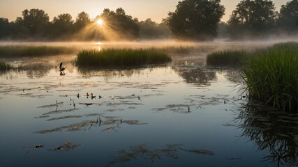 Serene sunrise over misty lake with silhouetted ducks and lush green reeds reflecting in water