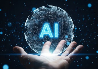 Human hand presenting a glowing digital globe with ai text emerging symbolizing artificial intelligence future
