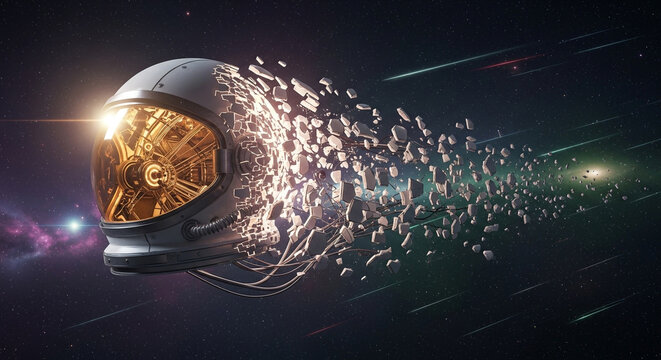 Astronaut helmet disintegrating in deep space with shooting stars, a concept of cosmic exploration failure - Powered by Adobe