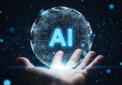 Human hand presenting a glowing digital globe with ai text emerging symbolizing artificial intelligence future