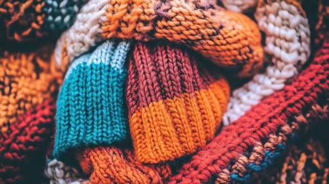 Colorful knitted hats and scarves pile creating inviting textural winter warmth
