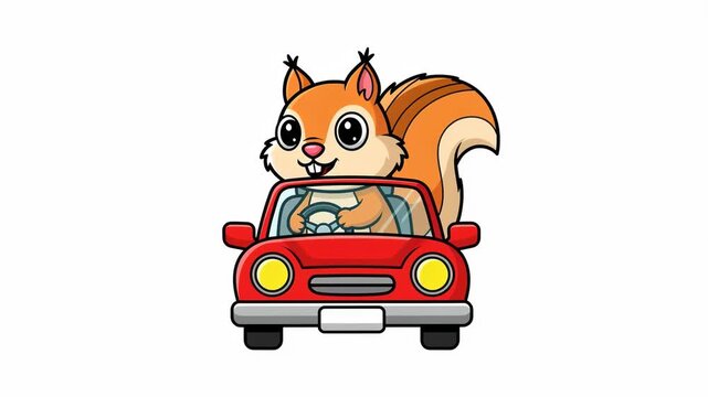 Happy Squirrel in Red Car Blinking and Smiling, Cute Cartoon 2D Animation on White Background