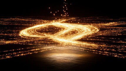 Golden light trails create an ethereal abstract pattern against a dark abyss showcasing digital art