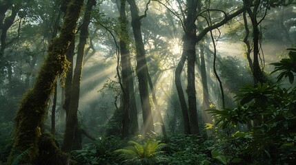 Ethereal sun rays illuminate a foggy, primeval forest, creating a tranquil and scenic natural landscape