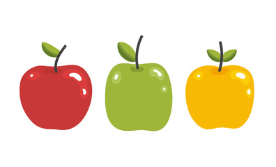 Red yellow green apple set isolated on white background vector illustration.