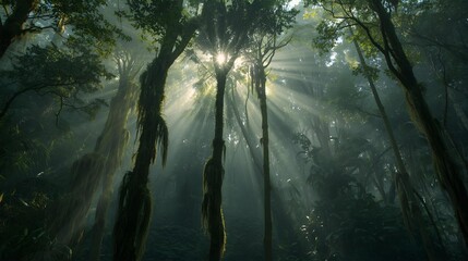 Ethereal sunbeams piercing through the dense canopy of a mysterious and ancient rainforest, creating a serene and magical atmosphere