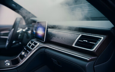 Sophisticated Interior: A detailed shot of a car's elegant interior showcases the beauty and luxuriousness with steam effects enhancing the upscale aesthetic.