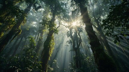 Awe-inspiring view from below of brilliant sunbeams piercing the misty canopy of a serene and ancient primordial cloud forest